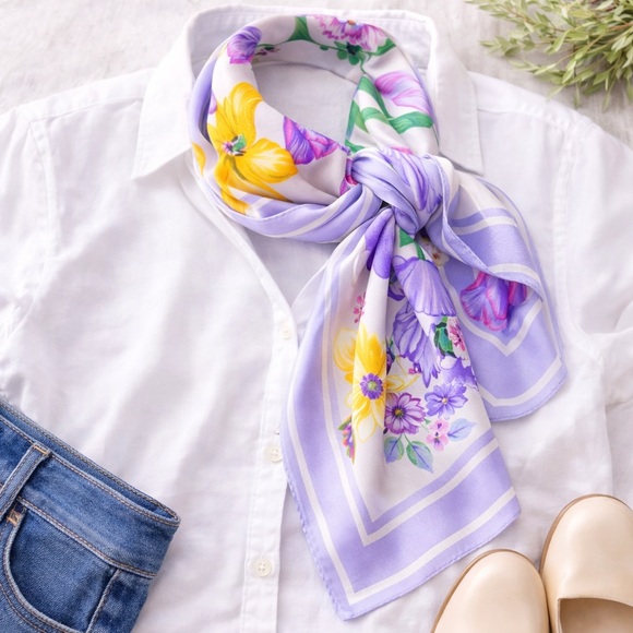 Talbots Accessories - Talbots Silk Floral Scarf Lavender Border Made in Japan 34x35 Vintage